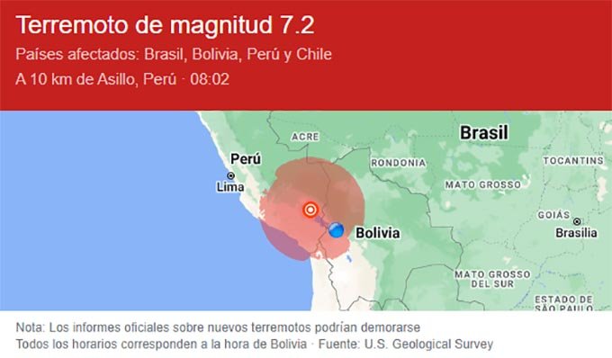Sismo de 7.2 grados en Perú se sintió en la ciudad de La Paz