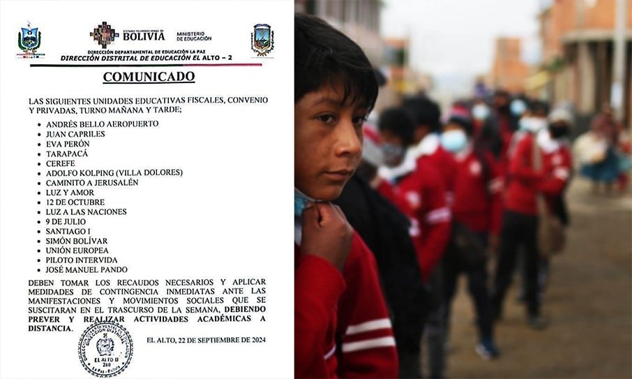 Suspenden clases presenciales en cuatro distritos debido a la marcha que lidera Evo Morales